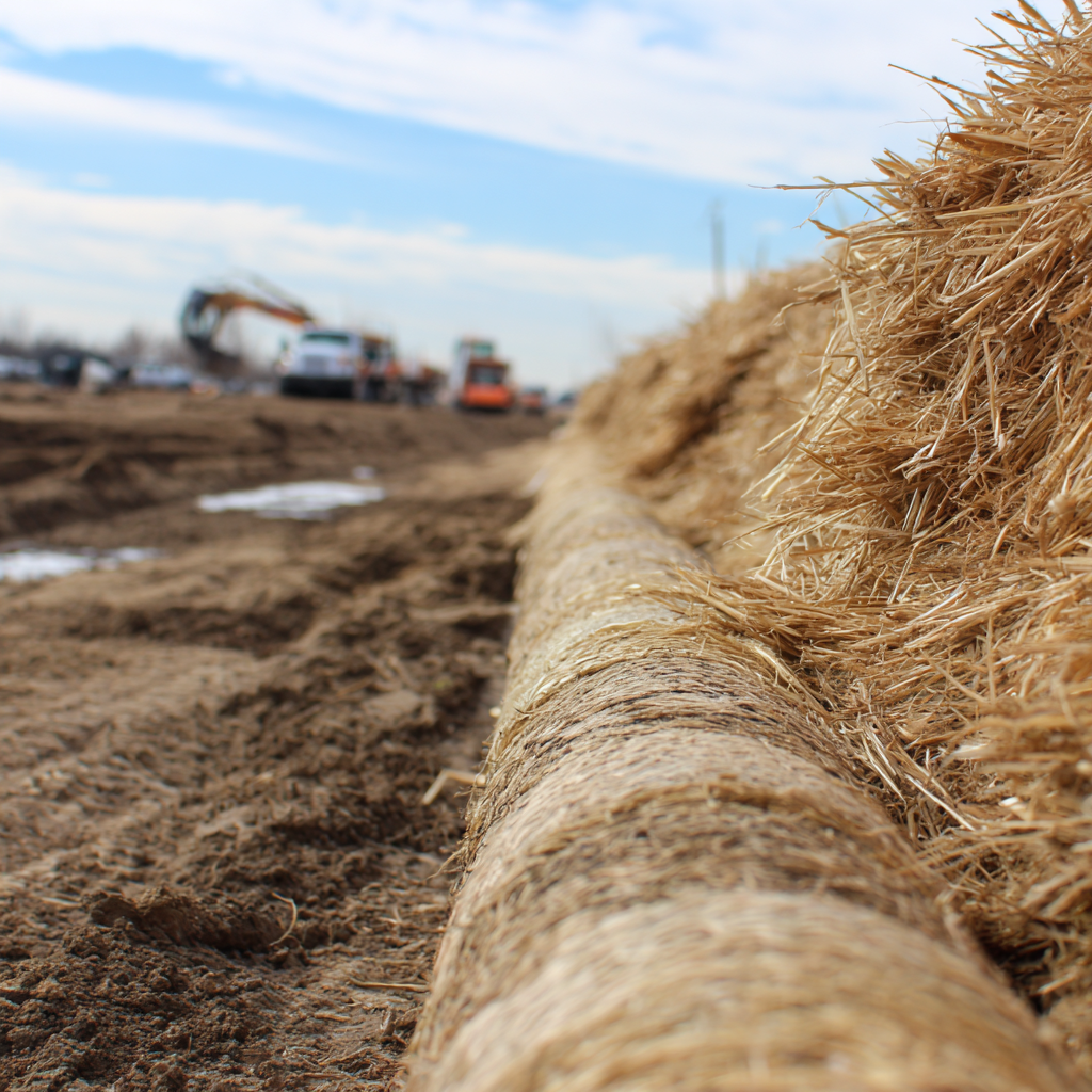 Wheat Straw used as barrier. Construction Site